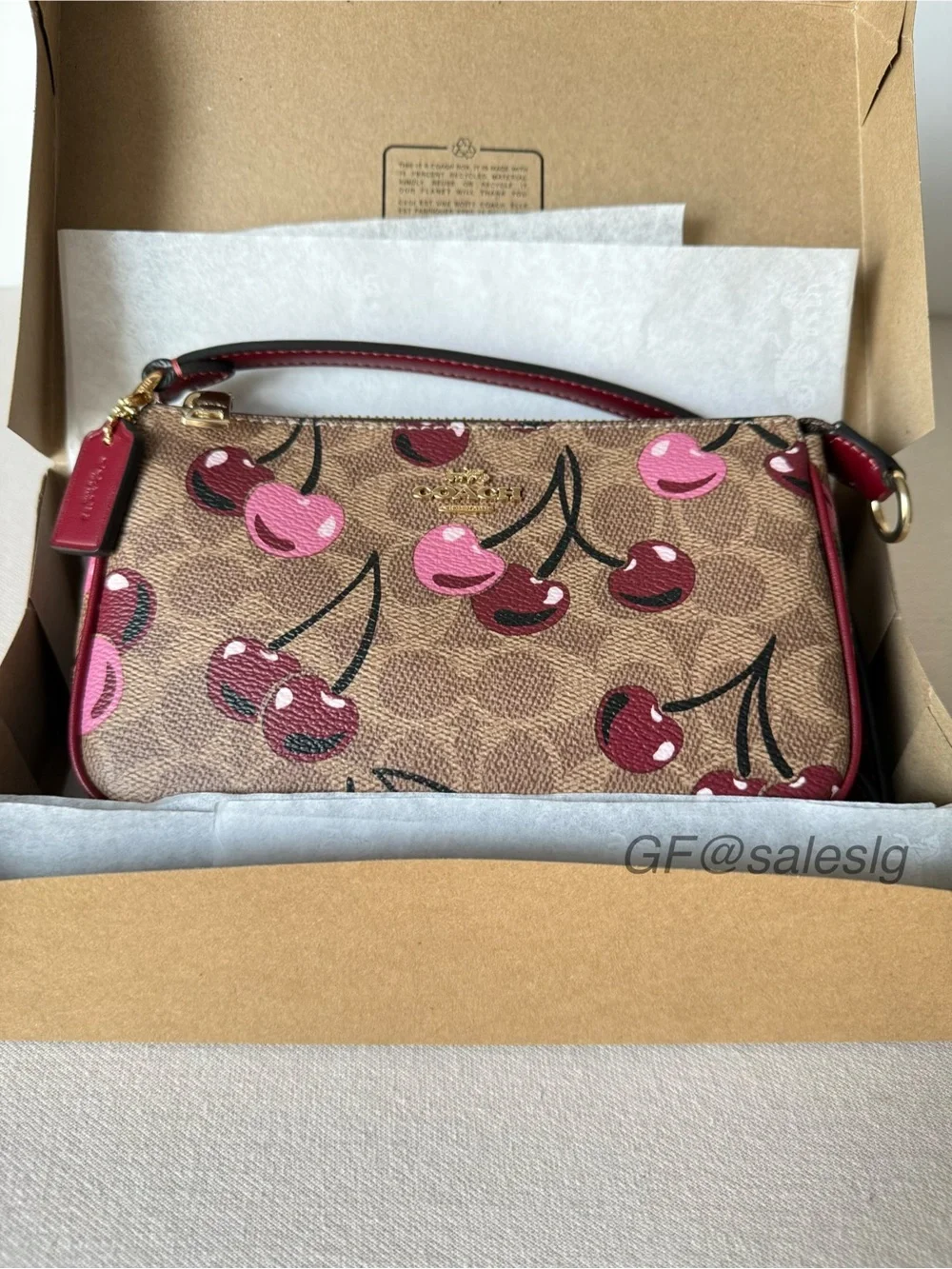 NWT Coach Nolita 19 Cherry Print Wristlet Small Bag Tan Red Gift Set+Extend